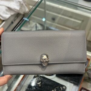 Alexander Mcqueen Crystal Skull Leather Long Wallet Gray and Pink